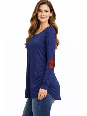 Hailey & Co Navy Long Sleeve Tunic Top Plaid Elbow Patch Rayon Blend USA